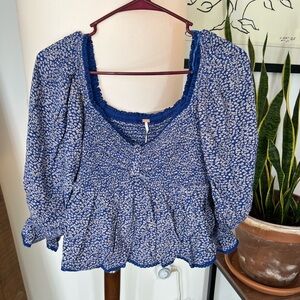Free People Blue and White Floral Blouse